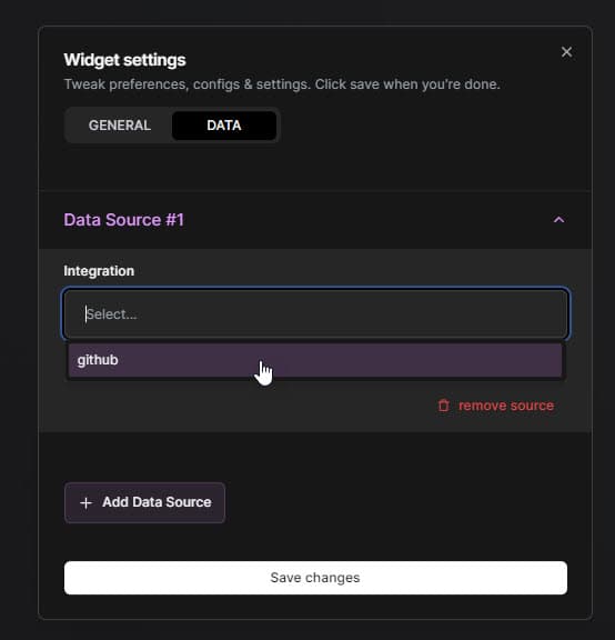 Widget Data Source Integration Selection