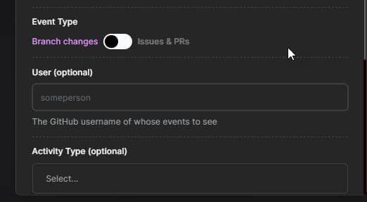 GitHub Events Data Settings